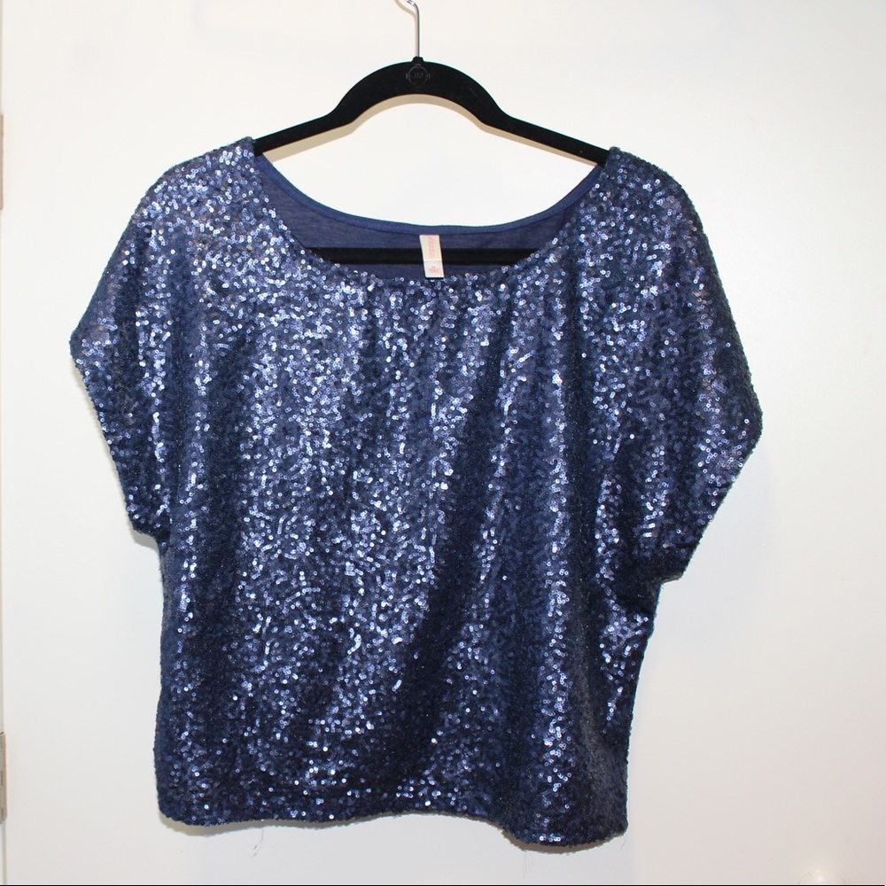 Xhilaration Navy Sequin Slightly Cropped Top